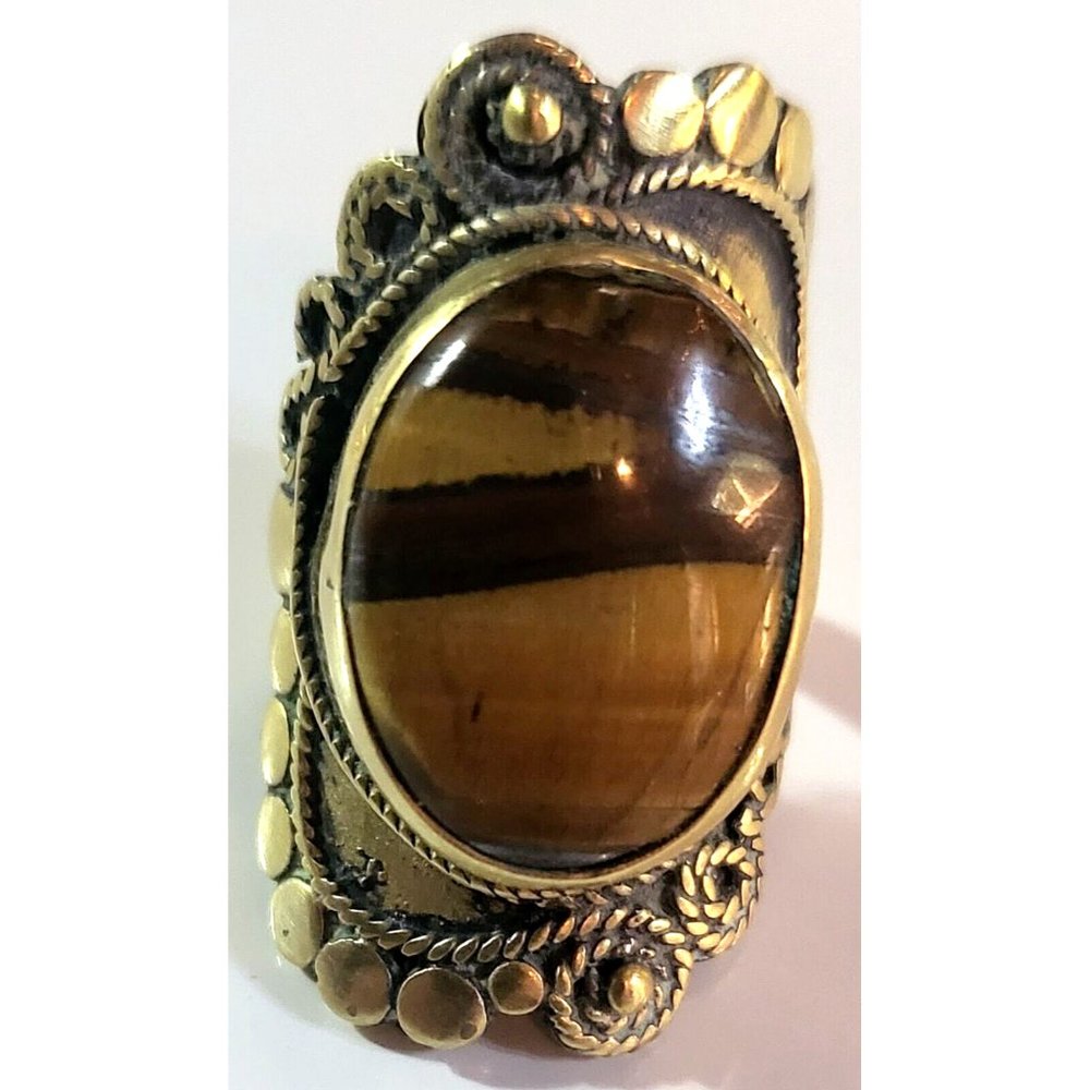 Signed ? Vintage Brass Tiger's Eye Cabochon Filigree Ring Size 5 1/2